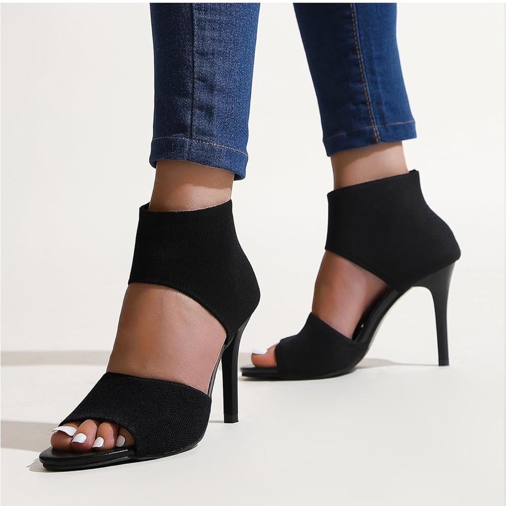 Womens Stiletto Heel - Stretchy Knit Open Toe - Black - 6.5 (37) - NEW